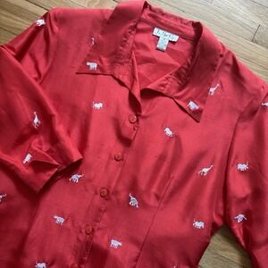 VTG I.S.C. Red 100% Silk‎ Animal Embroidered Button Up Shirt Top Women's Medium